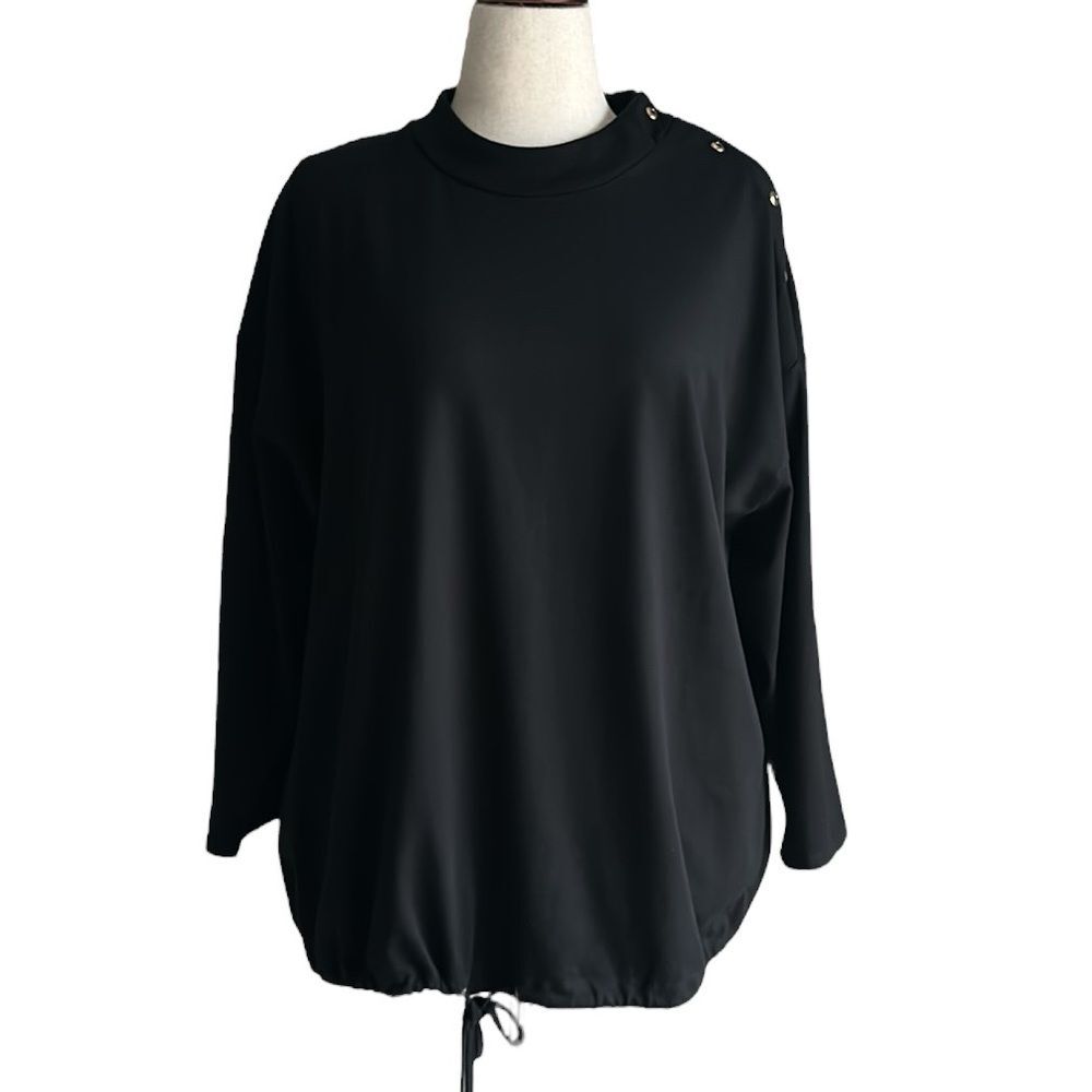 Chico’s Button-Shoulder Long Sleeve Drawstring Bottom Crewneck Shirt Black 20/22